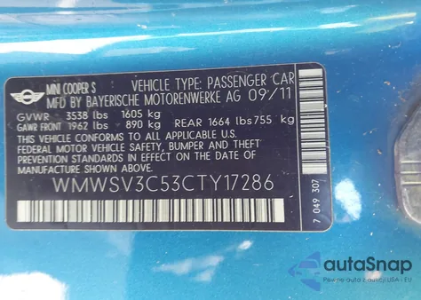 2012 Mini Cooper S from USA, damaged, VIN WMWSV3C53CTY17286